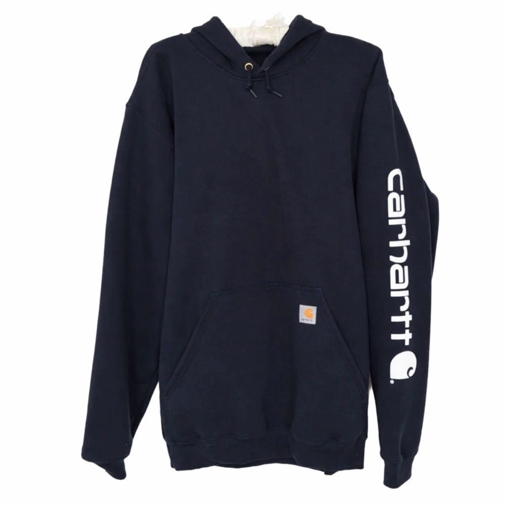 Carhartt Men's Navy Blue Hoodie with White Sleeve Logo